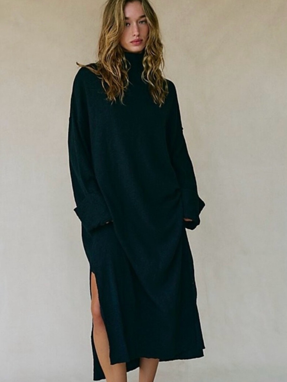 NWT Free People XS Classic Black Turtleneck Maxi Dress with Side Slit